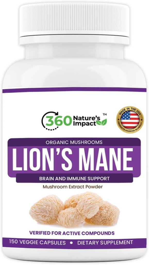 360 Naturens Impact Lions Mane Mushroom Supplement Capsules (150 kapslar) för Brain Health Support Supplement, organiskt tillskott med Beta-Glucans & Hypromellose för kognitivt system