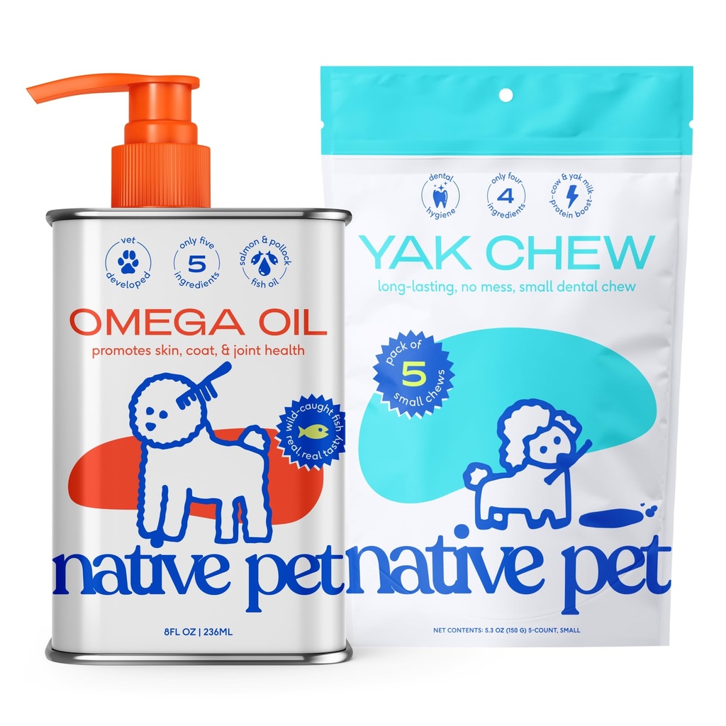 Native Pet Omega Oil koirille - Kalaöljy täydentää 8 Oz & 5 Pieni Yak Chews koirille pastöroitu ja orgaaninen Yak Cheese Himalayan Churpi Sticks