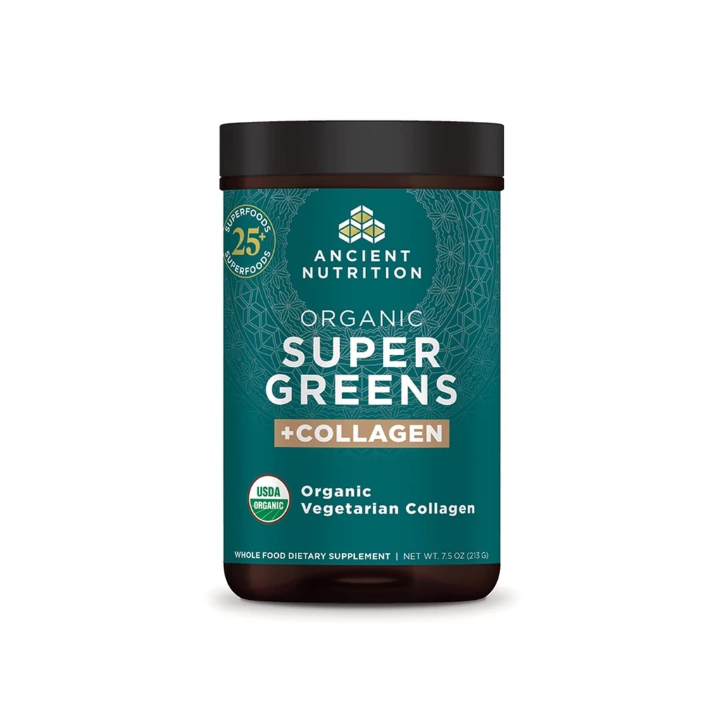 Ancient Nutrition Supergreens Powder, Organic Superfood Powder with Collagen, Valmistettu todellisista hedelmistä, vihanneksista ja yrteistä, Ruoansulatus- ja energiatuki, 25 tarjoilua, 7.5.oz