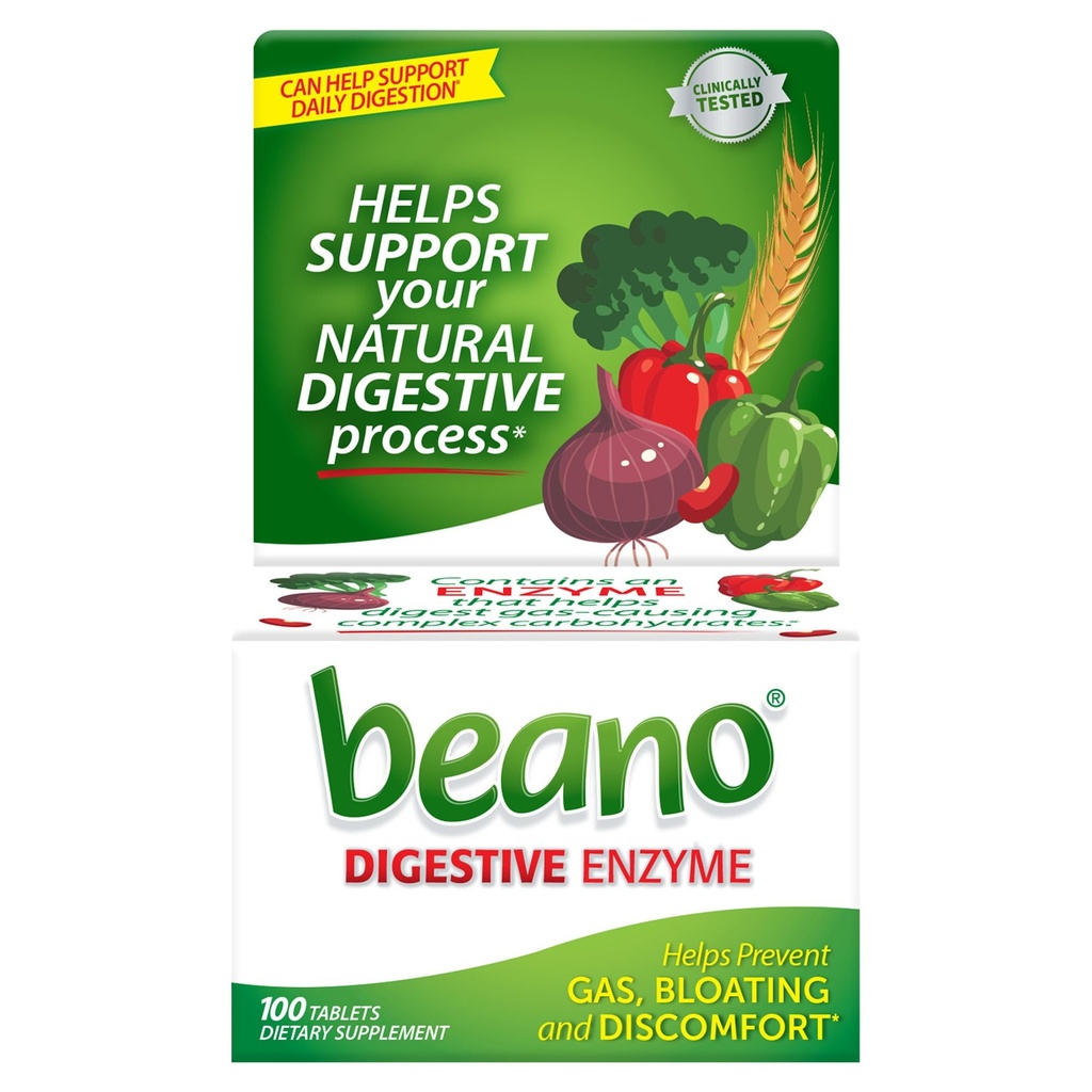 Beano Digestive Enzyme, förebyggande gashjälp för vuxna, hjälper till att förebygga gas och uppblåsthet, 100 tabletter