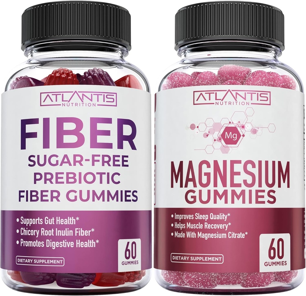 Atlantis Nutrition Sugar Free Prebiotic Fiber Gummies aikuisille 2-Pack (120 Gummie) + Magnesium Gummies - 770 MG Magnesium Citrate 60 Gummie