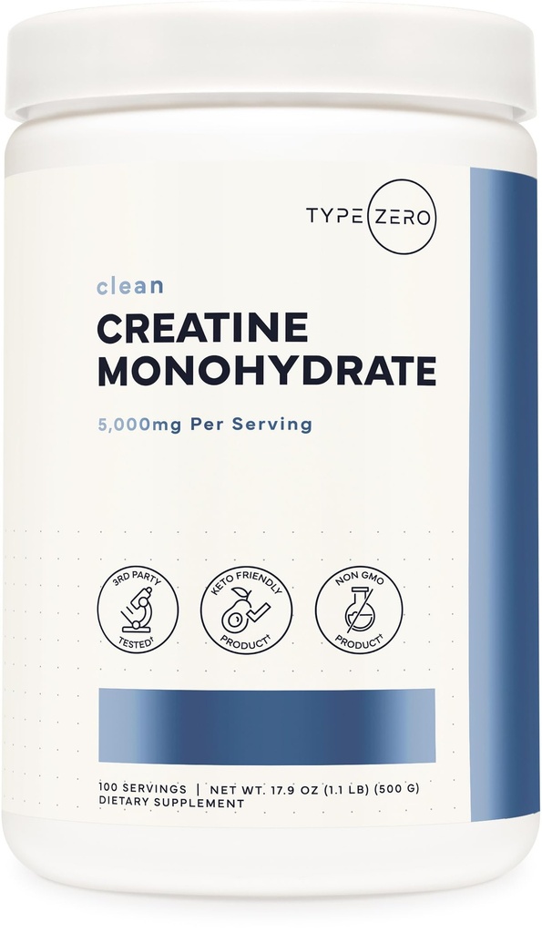 Tyyppi Zero Creatiini Monohydraatti Kuiva-aine (mautonta 500g), 5000 mg per tarjoilu, mikronoitu, nollasokeri, Keto Friendly & Gluteeniton, 100 tarjoilua