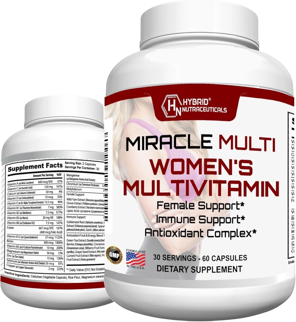 MiracleMulti Multivitamin för kvinnor - Kvinnlig stödformel, immunstöd, mineraler, biotin, antioxidanter och superfoods Blend - 60 kapslar
