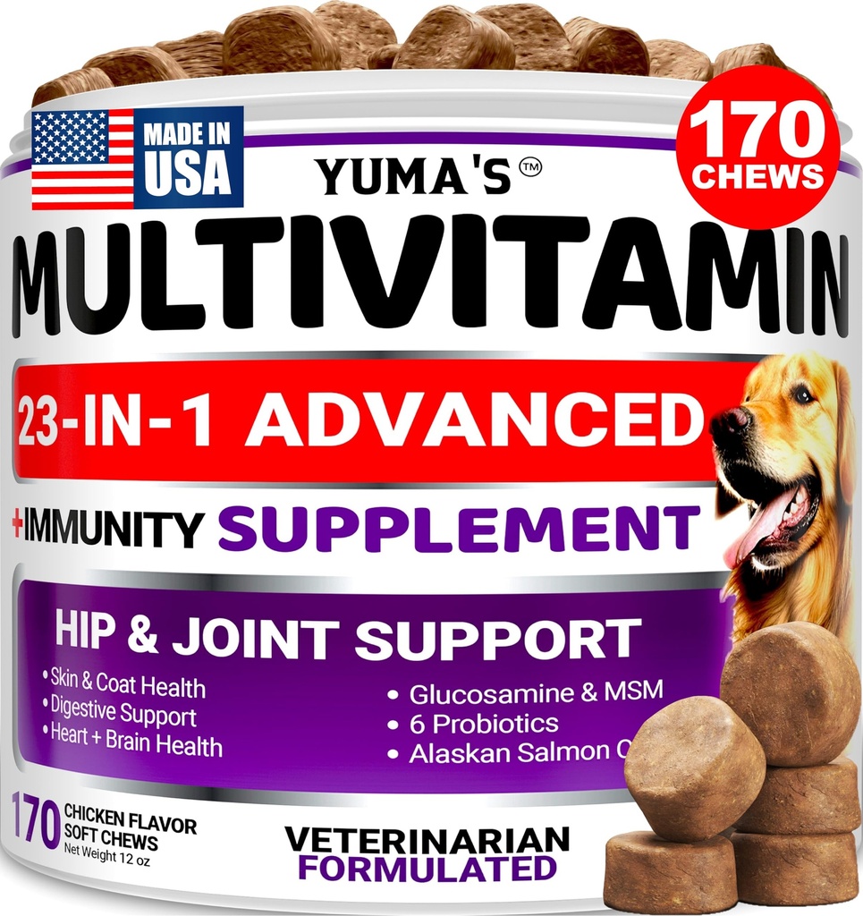 Koiran monivitamiini purut Glukosamiini - koiran vitamiinit ja lisäravinteet - 170 hoitoja - Senior & pentu monivitamiini koirille - Hip & Joint Support - Immuuniterveys, iho, sydän, Digestio, Probiootit
