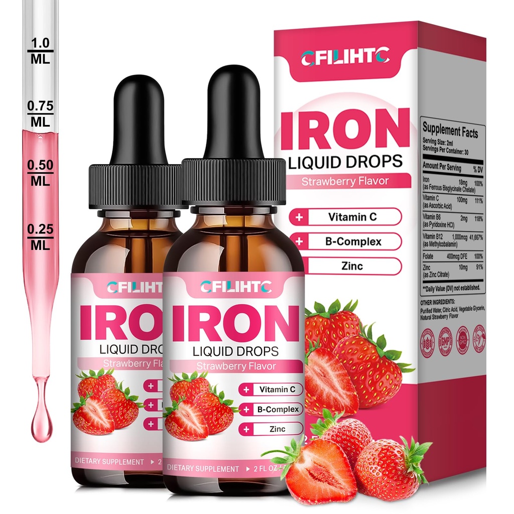 Flytande järntillskott för kvinnor män och barn multivitamin järn droppar med folat, vitamin C, B6, B12, Zink för anemi, järnbrist, blodbyggare, energi - naturlig jordgubbsmak, Vegan 4 Fl Oz