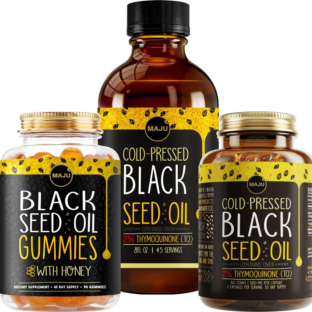 Maju Superfoods Musta siemenöljy 3-in-1 Bundle, Gummies, kapselit, & nestemäinen