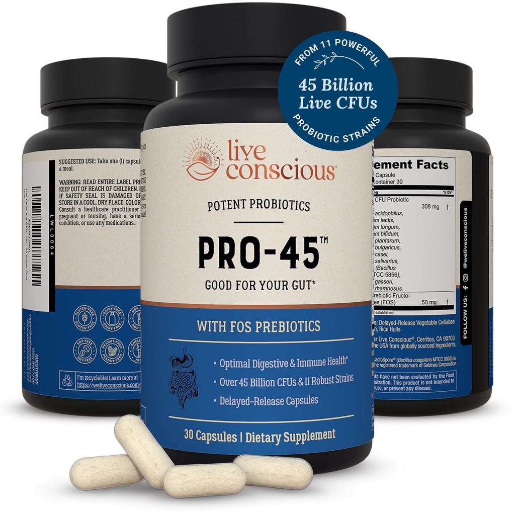 Live Conscious PRO45 Probiootit naisille ja miehille: Kattava Formula, 45 miljardia PMY, 11 kanta, Dairy Free - w/prebiootit ja probiootit - edistää Immuuni & Gut Health - 30 Kasvihuone Caps