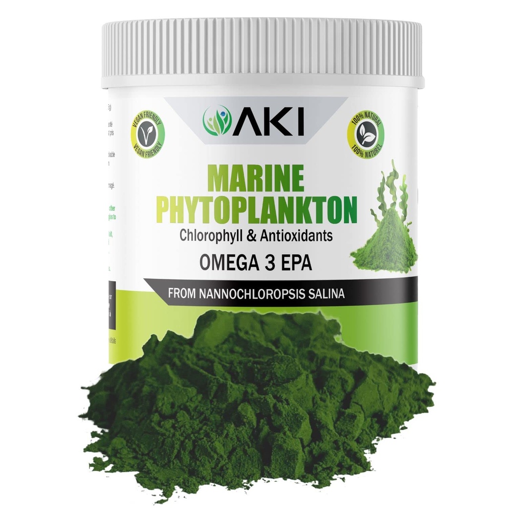 AKI Marine Phytoplankton Powder - Källa av Raw Omega-3 EPA Micro Algae Nannochloropsis - Plant Based Proteins, Vitaminer för Total Wellness - Fullständig proteinkälla, Vegan & GMO Free (2oz / 57g)