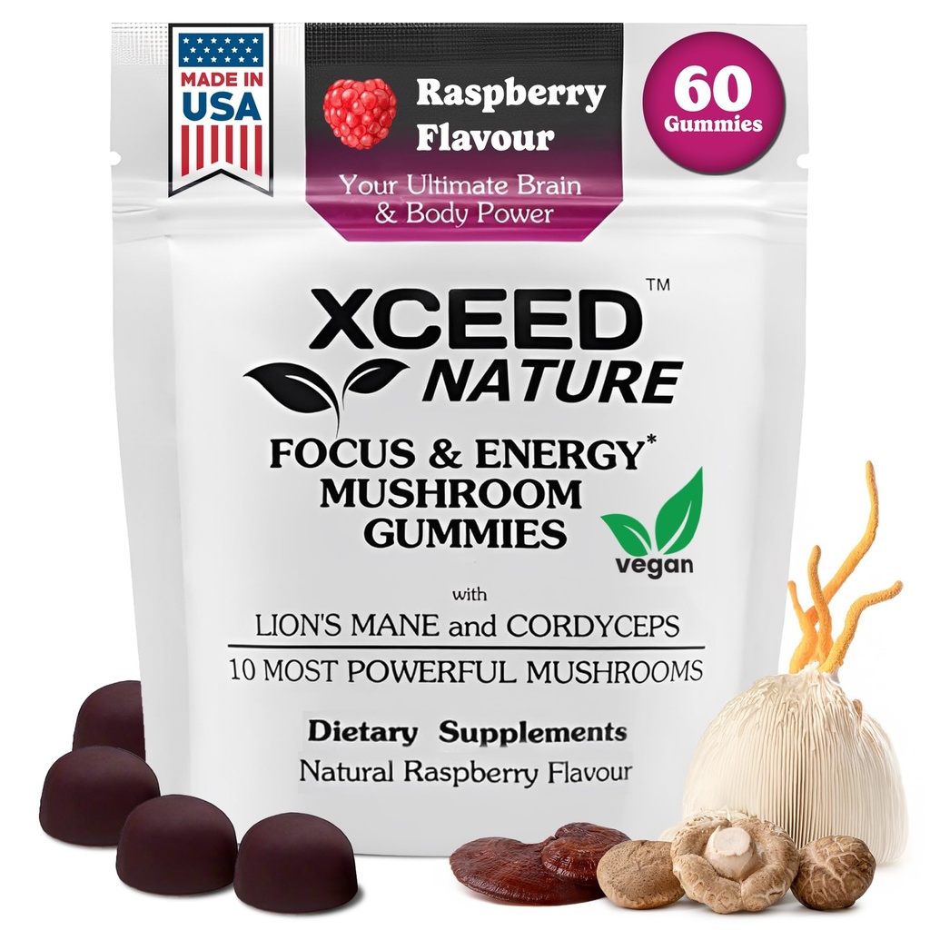 Lions Mane & Cordyceps Mushroom Gummies - 10in1 Supplement - Focus, energia, mieliala, muisti & selvyys - 60 kpl
