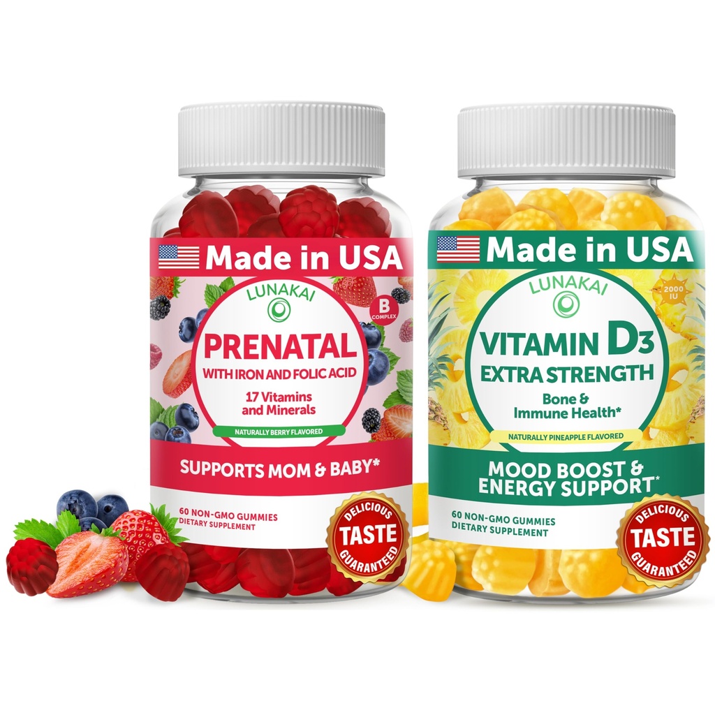 Lunakai Prenatan ja D3-vitamiinia Gummies Bundle - Raskaus Multivitamiini Gummy Iron & Folic Acid - Immuniteetti, luun ja mielialan tuki täydentää aikuisille - 30 päivän tarjonta