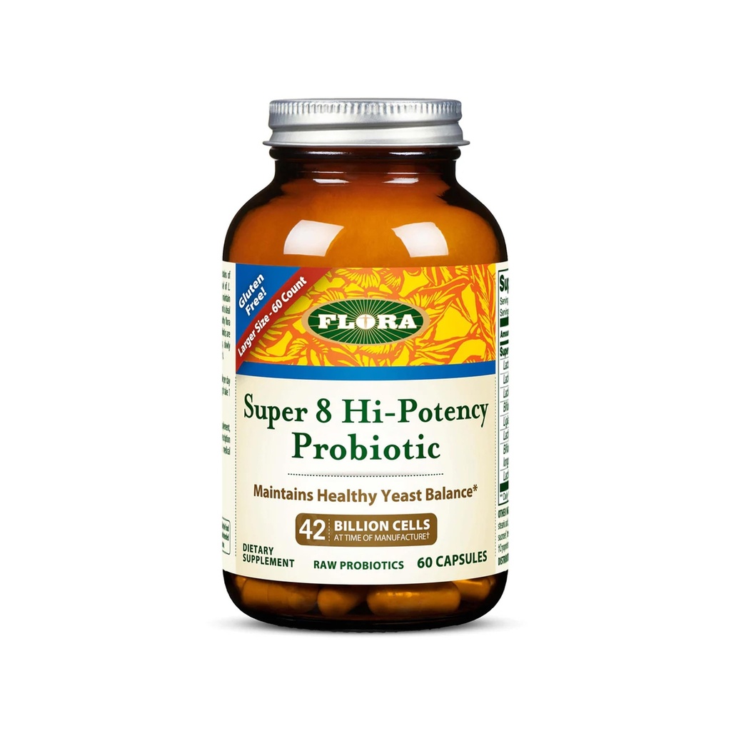 Flora - Super 8 Hi-Potency Probiotic - Daily Probiotic för Gut & Digestive Health - 42 miljarder CFU - Innehåller Lactobacillus & Bifidobacterium Strains - Keep Chilled - 60 kapslar