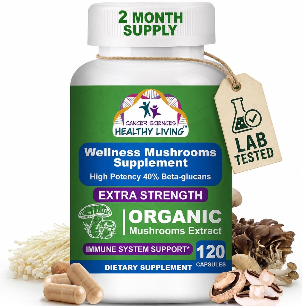 Syöpätieteet Organic Mushroom Supplement Kapselit - 1500mg Ei-GMO Wellness Mushroom Complex 40% Beta-Glucans -Turkki Tail, Reishi, Cordyceps, Chaga Extract aivojen ja Immuunien tuki 120 kapselia