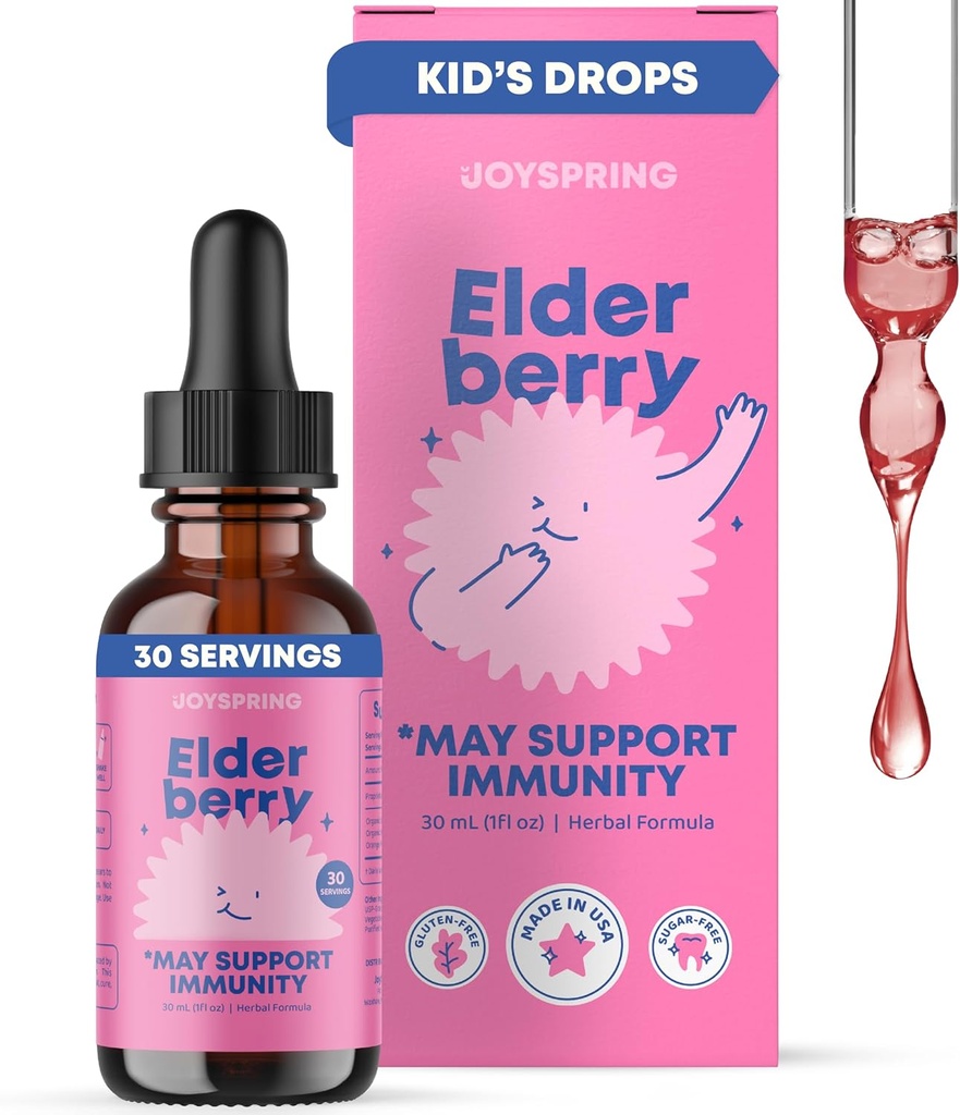 JoySpring Elderberry för barn & barn Immune Support Liquid (1 fl oz) | Organic Toddler Elderberry Drops med vitamin C | Naturlig smak | Vegan Supplement