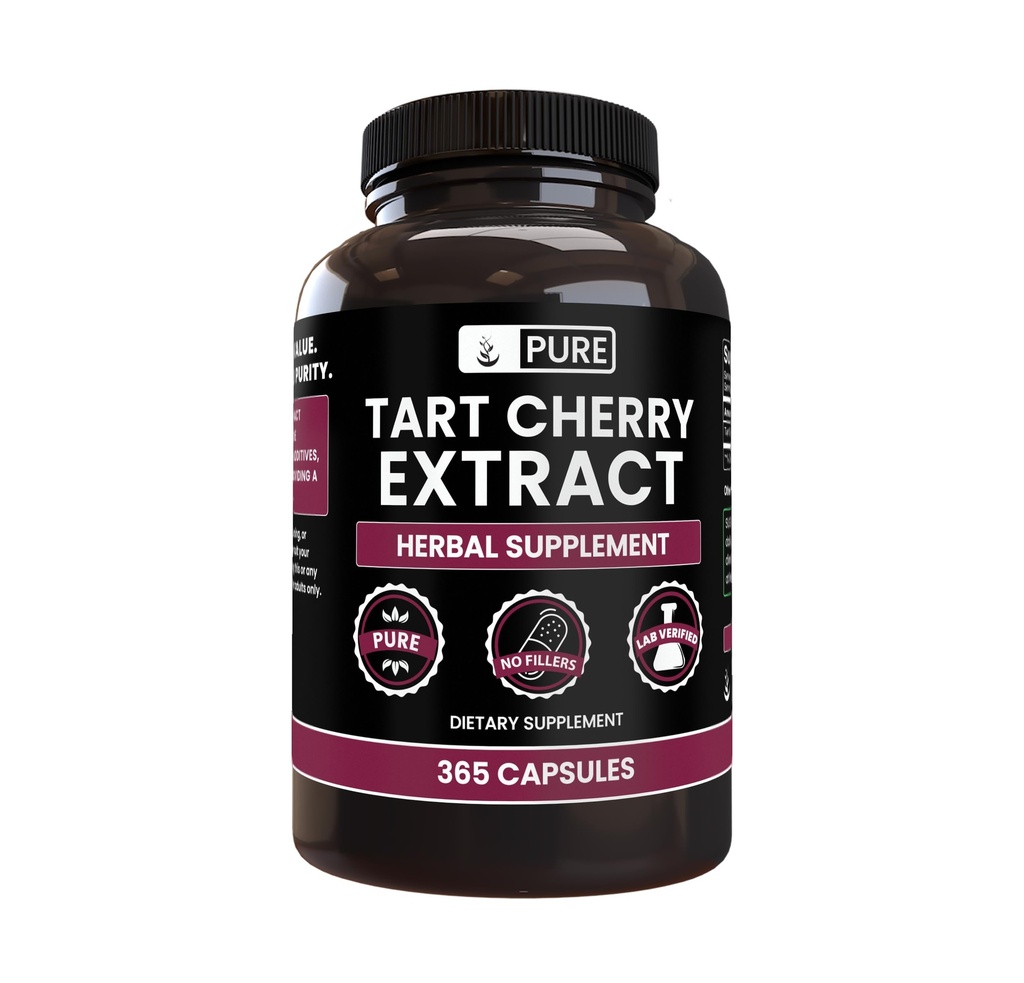 PURE ALKUPERÄISET INGREDIENTIT Tart Cherry Extract (365 kapselia) Ei magnesiumia tai riisiä täyteaineita, aina puhdas, Lab vahvistettu