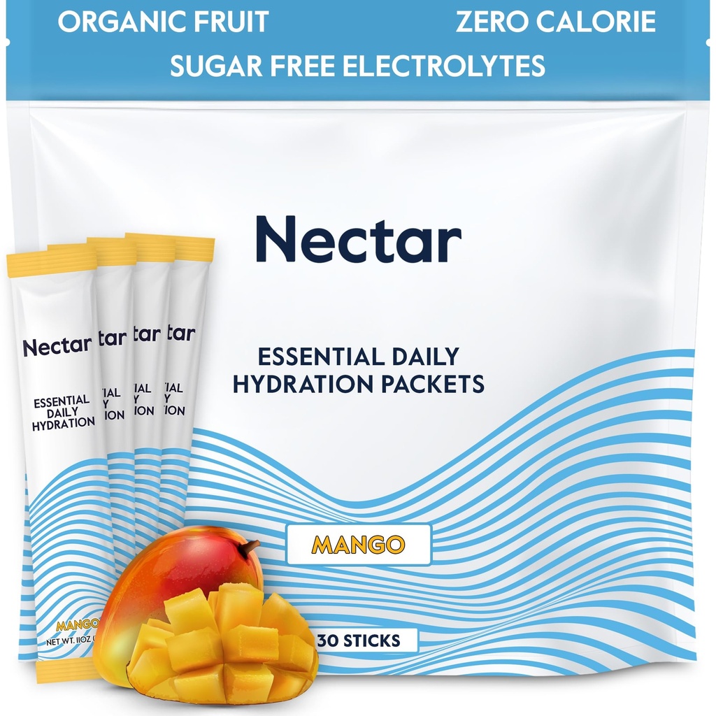Nectar Hydration Packets - Elektrolyyttejä Powder Packets - Sokerittomia & 0 Calorie - Organic Fruit Liquid Daily IV Elektrolyyttejä Kuiva-aine dehydratointia varten Relief & Rapid Rehydration (Mango 30 Pack)