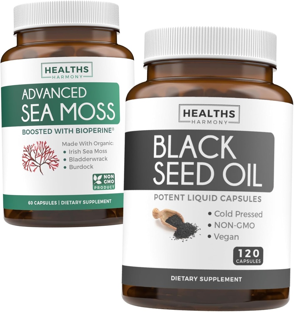 Black Seed & Sea Moss (1-månaders leverans) närande natur Bundle of Black Seed Oil 120 Softgel Capsules (Non-GMO & Vegan) Cold-Pressed Nigella Sativa & Irish Sea Moss Capsules (Non-GMO & Organic)