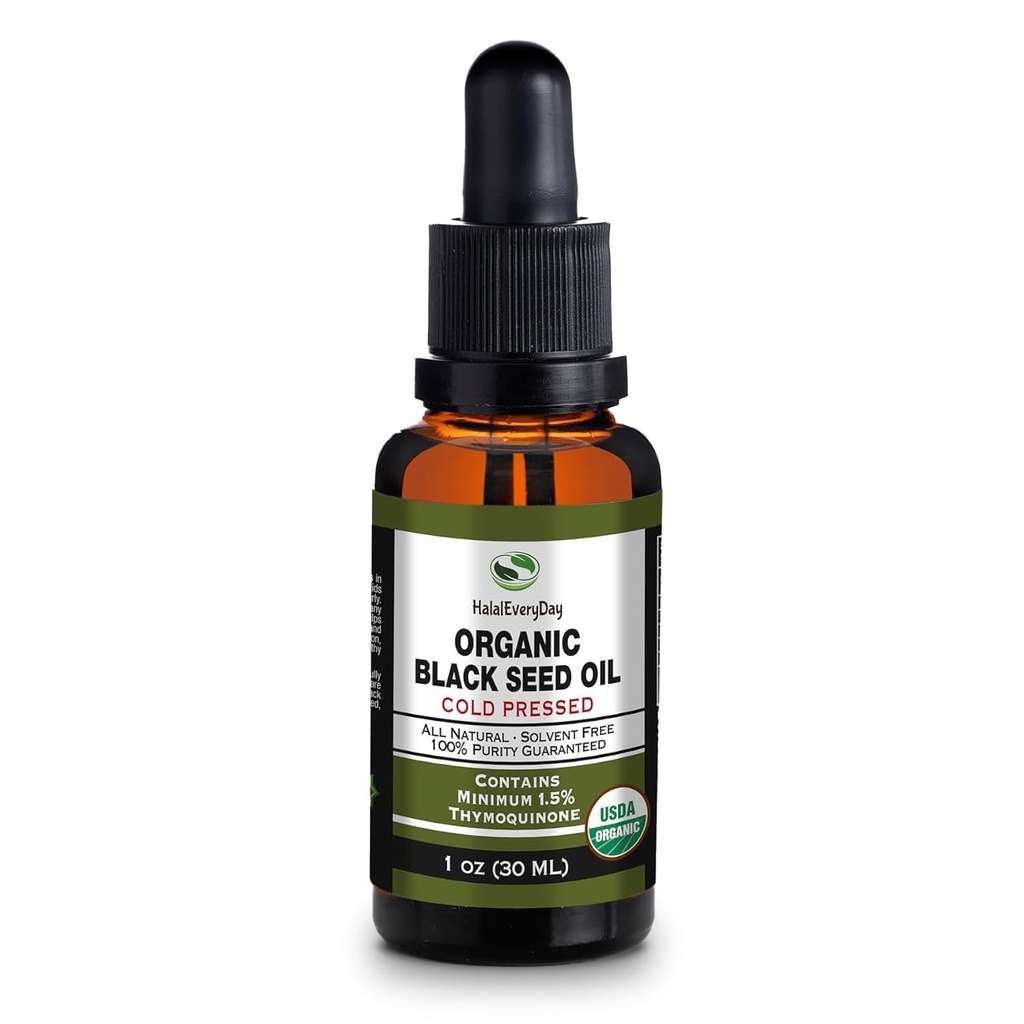 Organic Black Seed Oil - USDA Certified Cold Pressed Glass Bottle Yli 1,5% Thymokinonin 3X vahvuus Turkkilainen Musta Cumin Nigella Sativa ei-GMO 100% puhdas Mustasiemenöljy (1oz lasi tiputin pullo)
