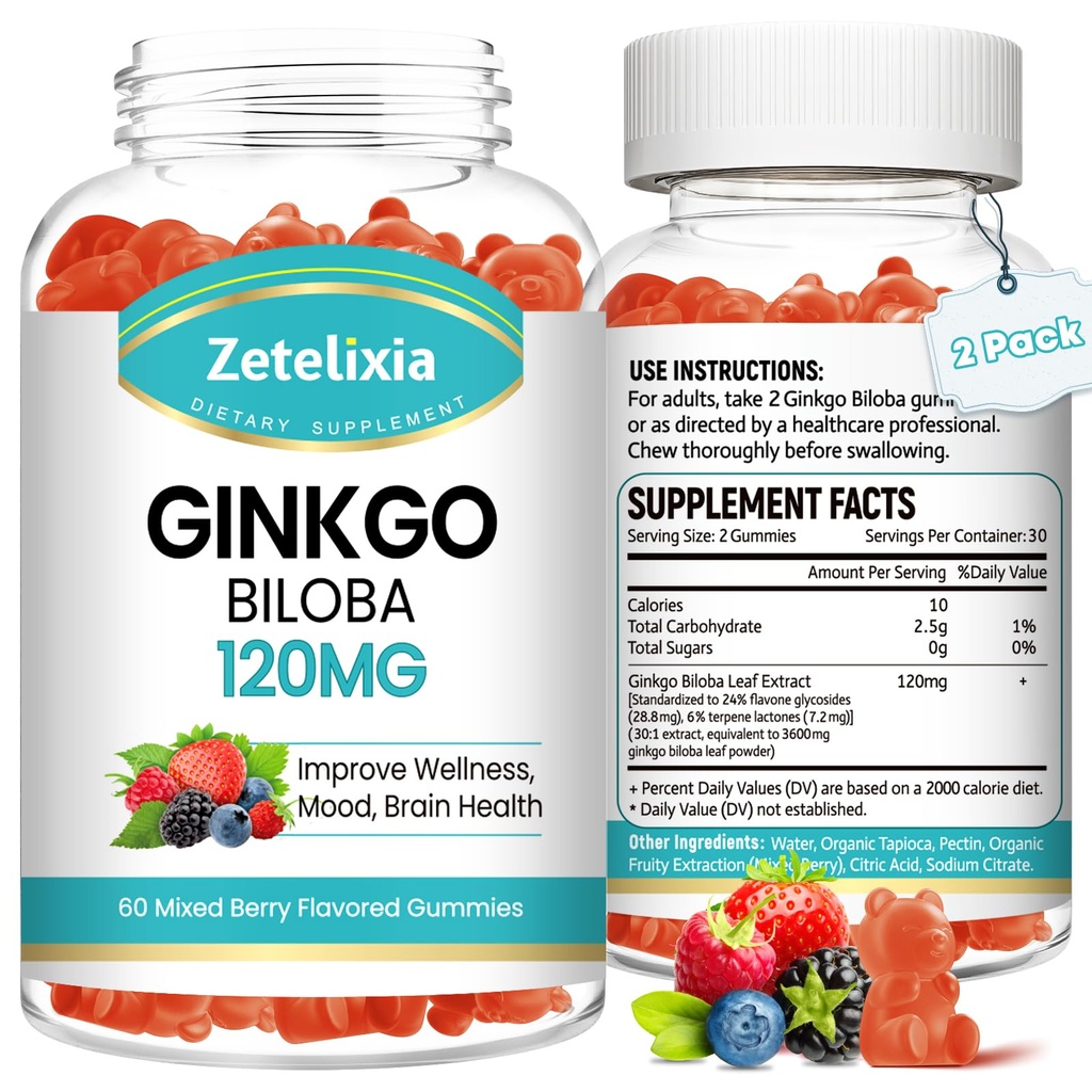 2 Pack Ginkgo Biloba Gummies naisille ja miehille, aivojen täydentää parantaa parempaa mielialaa ja keskittyä, vegaaninen sekoitettu marja maku 120 Count
