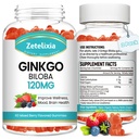 2 Pack Ginkgo Biloba Gummies naisille ja miehille, aivojen täydentää parantaa parempaa mielialaa ja keskittyä, vegaaninen sekoitettu marja maku 120 Count