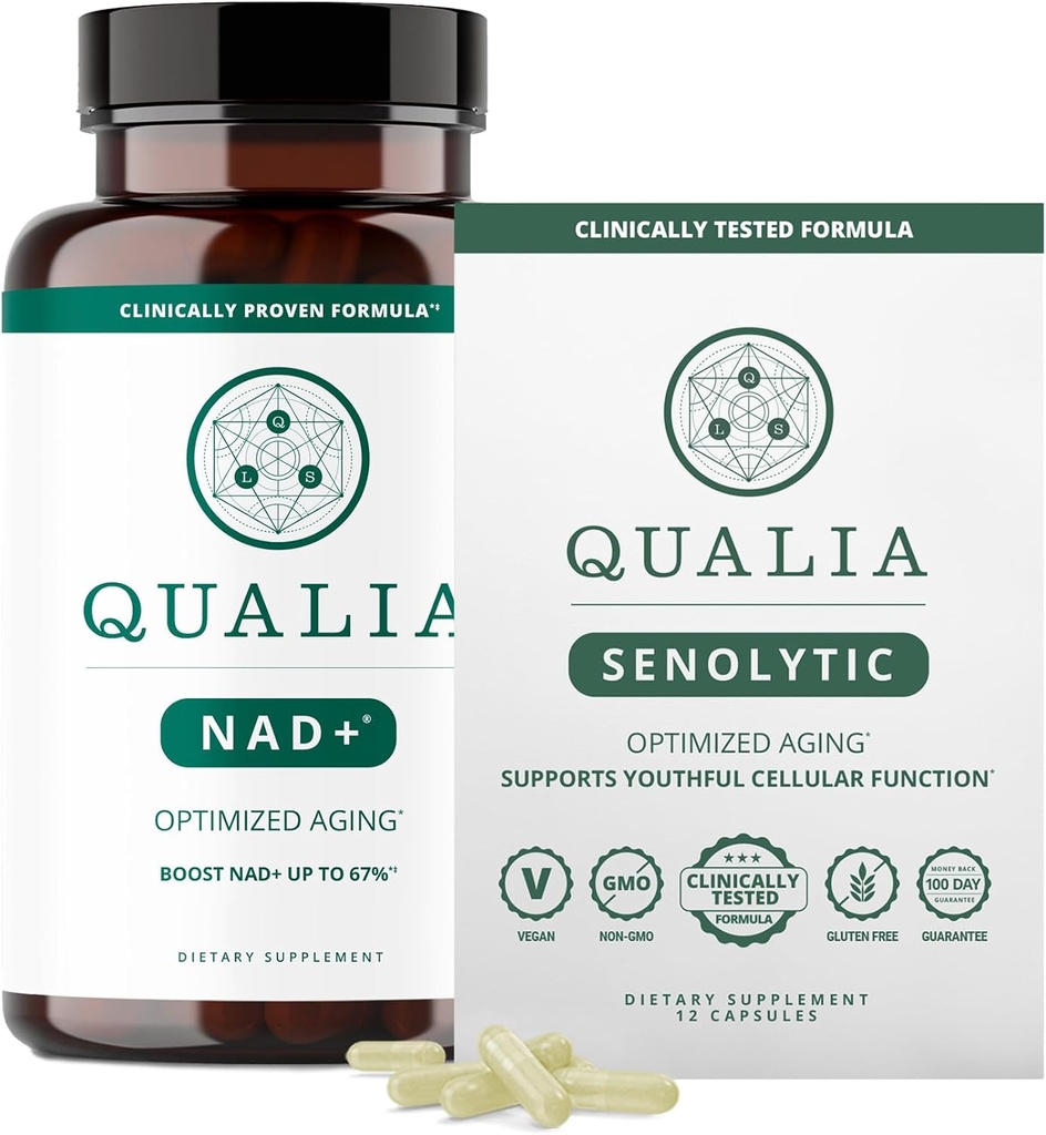 Qualia Life Sciences Bundle Qualia NAD+ & Qualia Senolyyttinen, kliinisesti testattu lisäosa, voi lisätä NAD+:aa, vanhenemista
