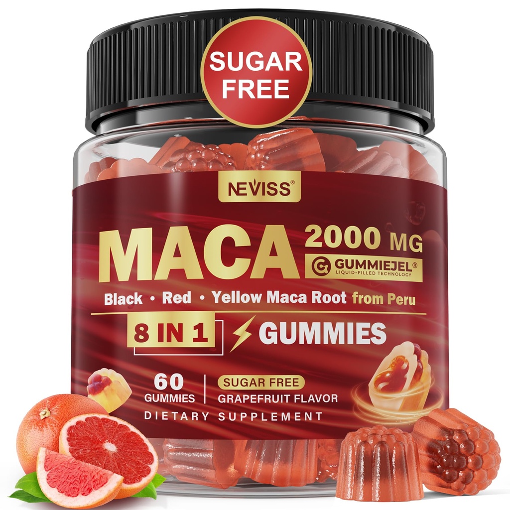 Maca Root täytetyt Gummies 2000mg naisille Miehet ... Sokeriton... Luomu musta, punainen, keltainen Maca Root Supplement Gummy Chews with Ashwagandha Ginseng & Sinkki Vegaani, ei-GMO, Greippi maku, 60 kreivi