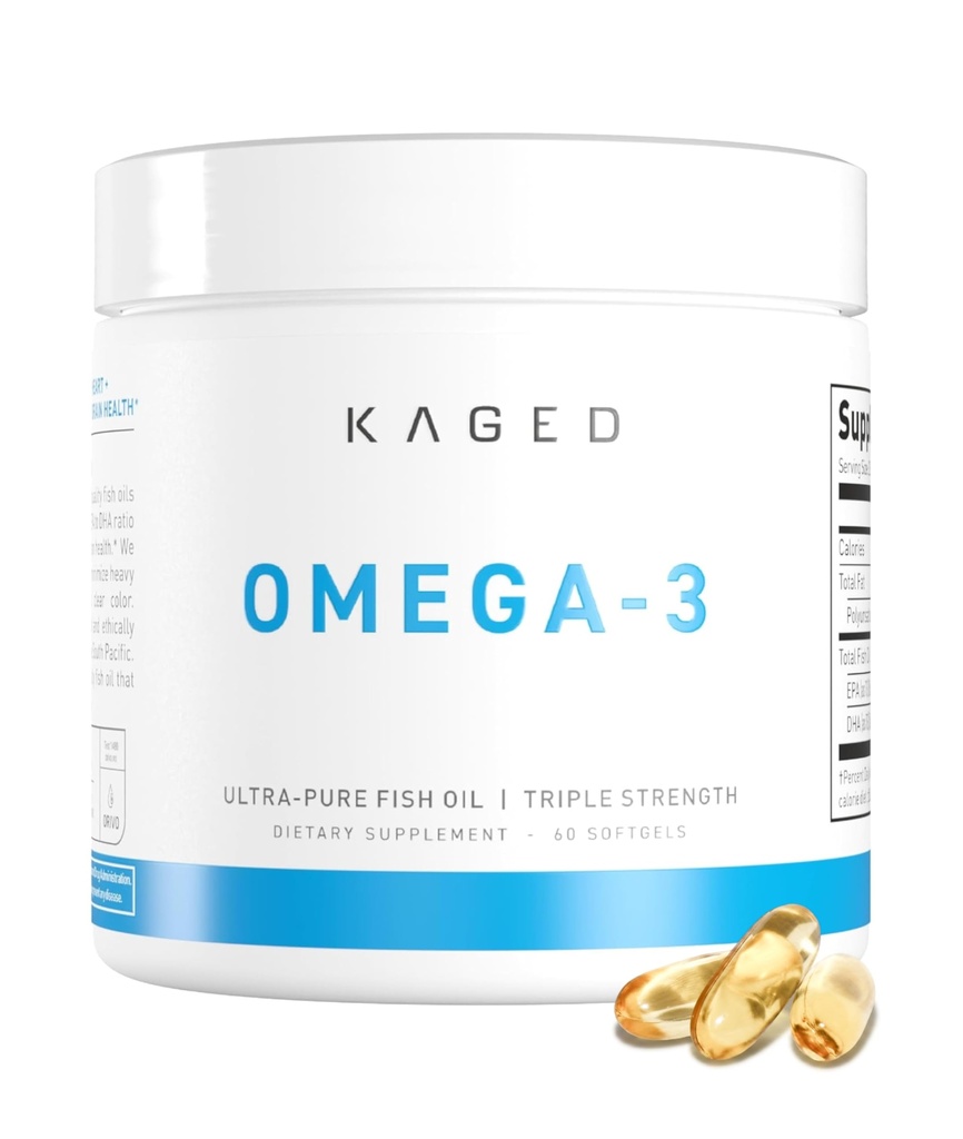 Kaged Omega 3 Fish Oil Supplement, 3000 mg Omega 3 Rasvahappo EPA & DHA, Ultra-Pure, Ei kala Burps, 60 pillereitä