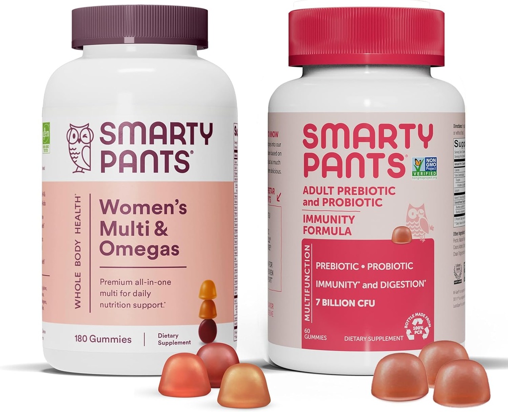 SmartyPants Naisten monivitamiini ja probiootti Immuniteetti Bundle: Omega 3 Fish Oil (EPA/DHA), Metyylifolaatti, CoQ10, D3-vitamiini, C-vitamiini, Dgestive & Immunosupport Supplement (30 päivän tarjonta)