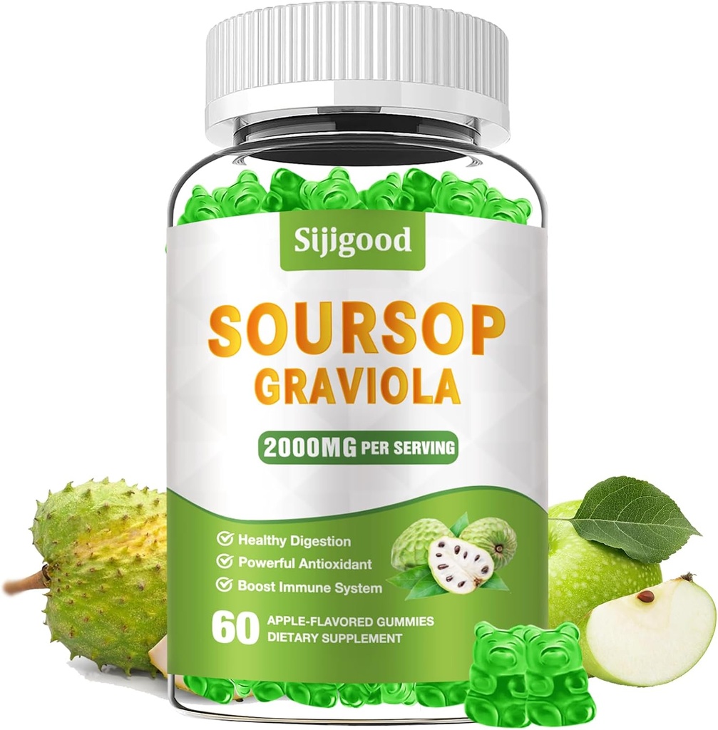 Sokeriton Soursop Graviola Gummies - Organic Soursop Lehdet & Hedelmäuute - Ruoansulatus, Immuunituki & antioksidantti ominaisuudet - 60 Apple Flavored Gummies