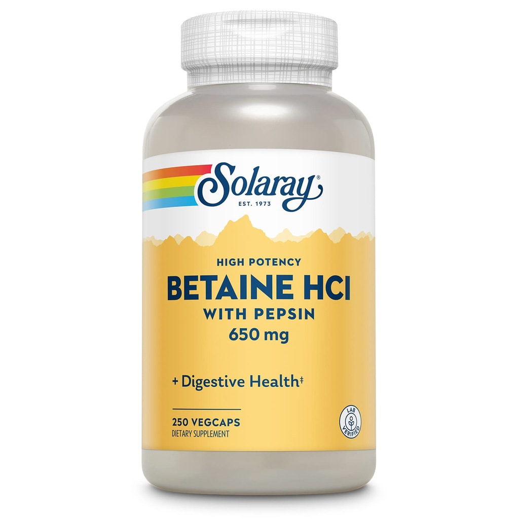 Solaray High Potency Betaine HCL kanssa Pepsin - Kloorivetyhappo täydentää digestiivinen terveys - Betaine Hydrochlorothiade ja digestiivinen Enzymes - Gut Health Support - 60 päivän takuu, 250 VegCaps