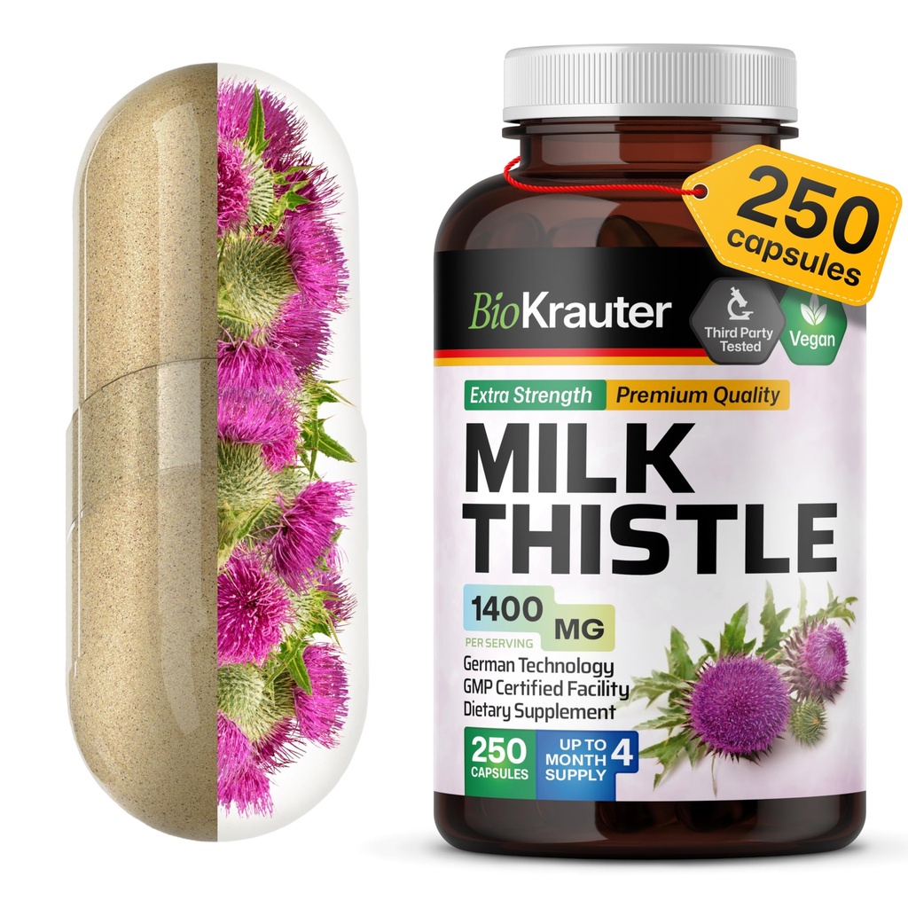 BIO KRAUTER® Milk Thistle Supplement for Liver Cleanse & Detox - Pure Vegan Milk Thistle Extract 1400 mg per Serving Сontains Silymarin - 250 kapselia, 125 päivän toimitus, ei-GMO