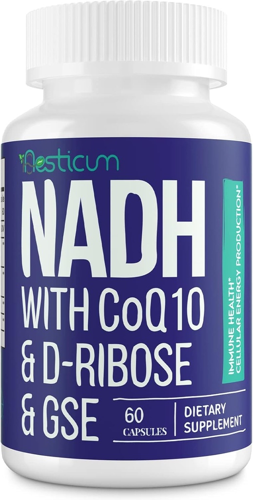 NADH 50mg + Q10 200mg + D-Ribose 150mg Supplement, Boosting NAD + Tillägg för Immune System, Cellular Energy, Focus, Reduced Nicotinamide Adenine Dinucleotide, 60 Veggie kapslar