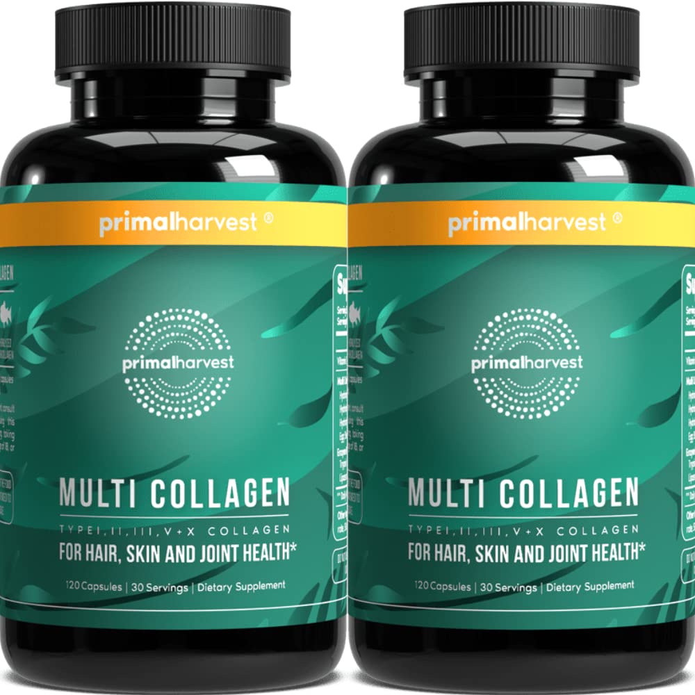 Primal Harvest 2 Pack, Multi Collagen pillereitä naisille ja miehille (tyyppi I, II, III, V, X) Collagen lisäravinteet naisille ja miehille, 120 kapselia w/Vitamin C hiuksille, iholle, kynnet Kollageeni Peptides pillereitä