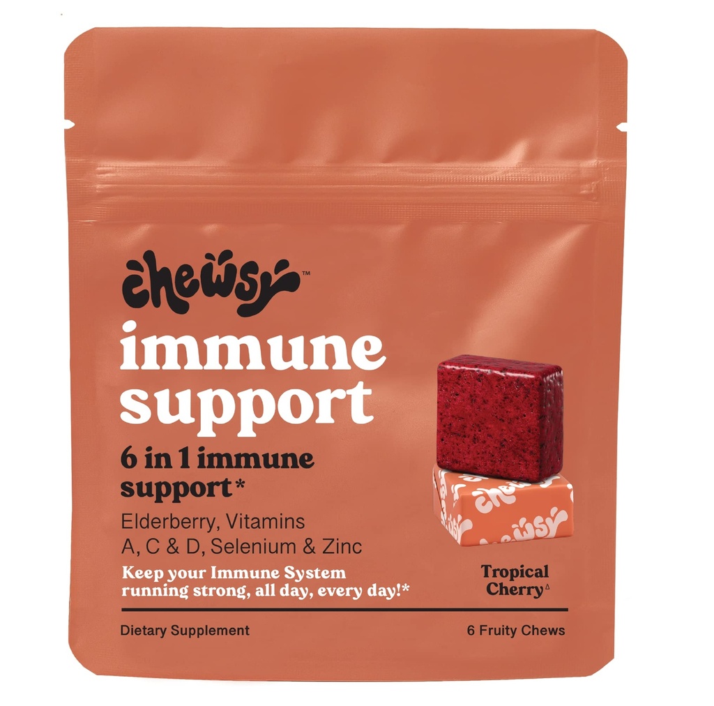 Chewsy - 6-i-1 Immune Support Fruity Chews med Elderberry - Vitamin C, A och D, Zink och Selenium - Individuellt inslagna - 6-dagars leverans