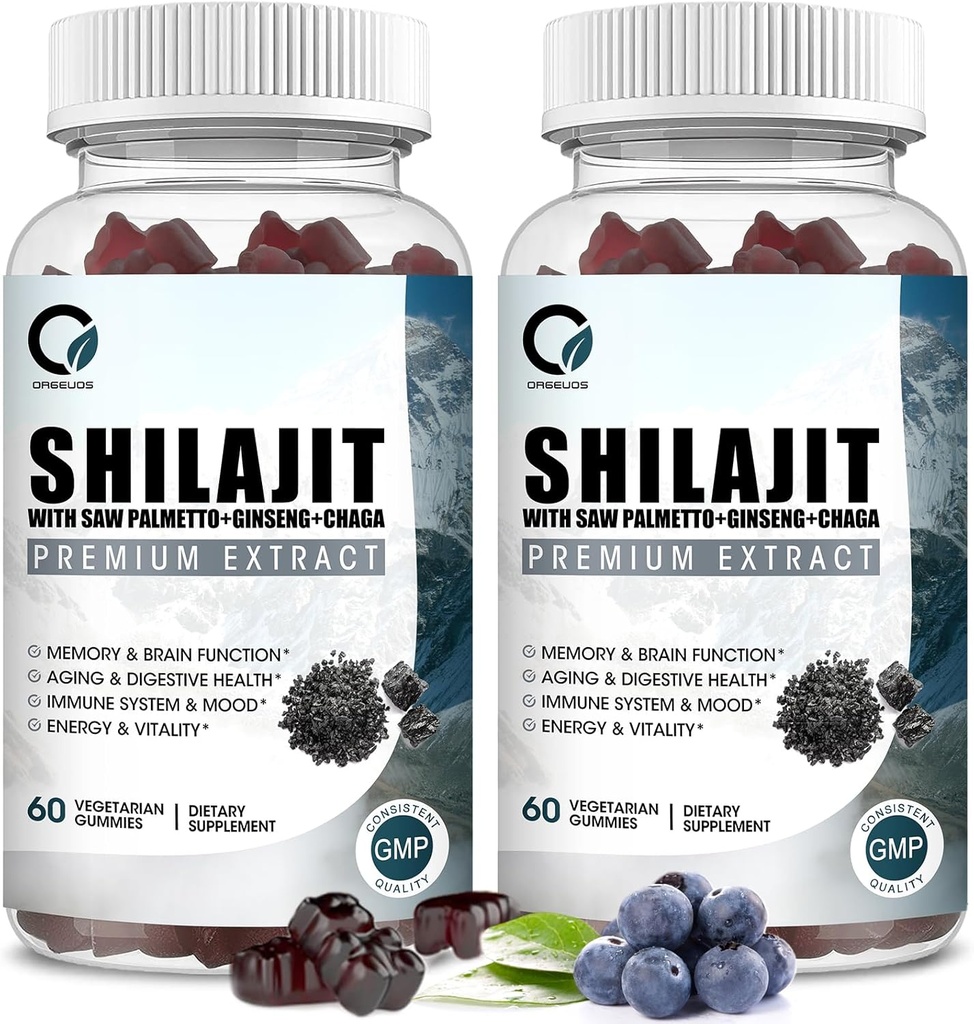 Himalaya Shilajit Gummies med 85+ Spår Mineraler & Fulvic Acid för energi, Immune, Kognitivt Stöd Hög Potens Ren Naturlig Shilajit Supplement för Män & Kvinnor 60 Gummies (2 Pack)