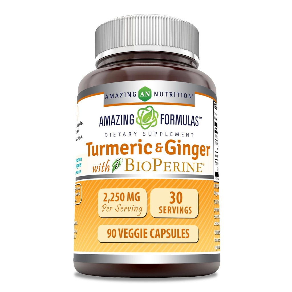 Fantastiska Formler Turmeric Curcumin & Ginger med BioPerine Supplement | 2250 Mg | 90 Veggie Capsules | Non-GMO | Gluten Free | Made in USA