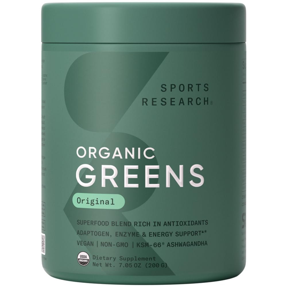 Sports Research® Organic Greens Superfood Powder w/Spirulina & Chlorella, Adaptogeenit, Entsyymit, Probiootit & 8 VIT Bs Gut & Mood Support* - Vegaani, sokerivapaa & matala-Cal Alkuperäinen 20 Servings