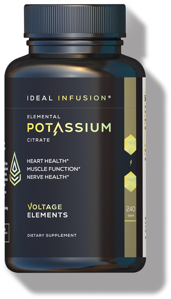 Jännite Elements Kaliumsitraatti 1430mg - Sydämen ja munuaisten terveys, Elektrolyyttitasapaino, Hermotoiminto - Elementaarinen Kalium 500 mg (240 kapselia) Vegan
