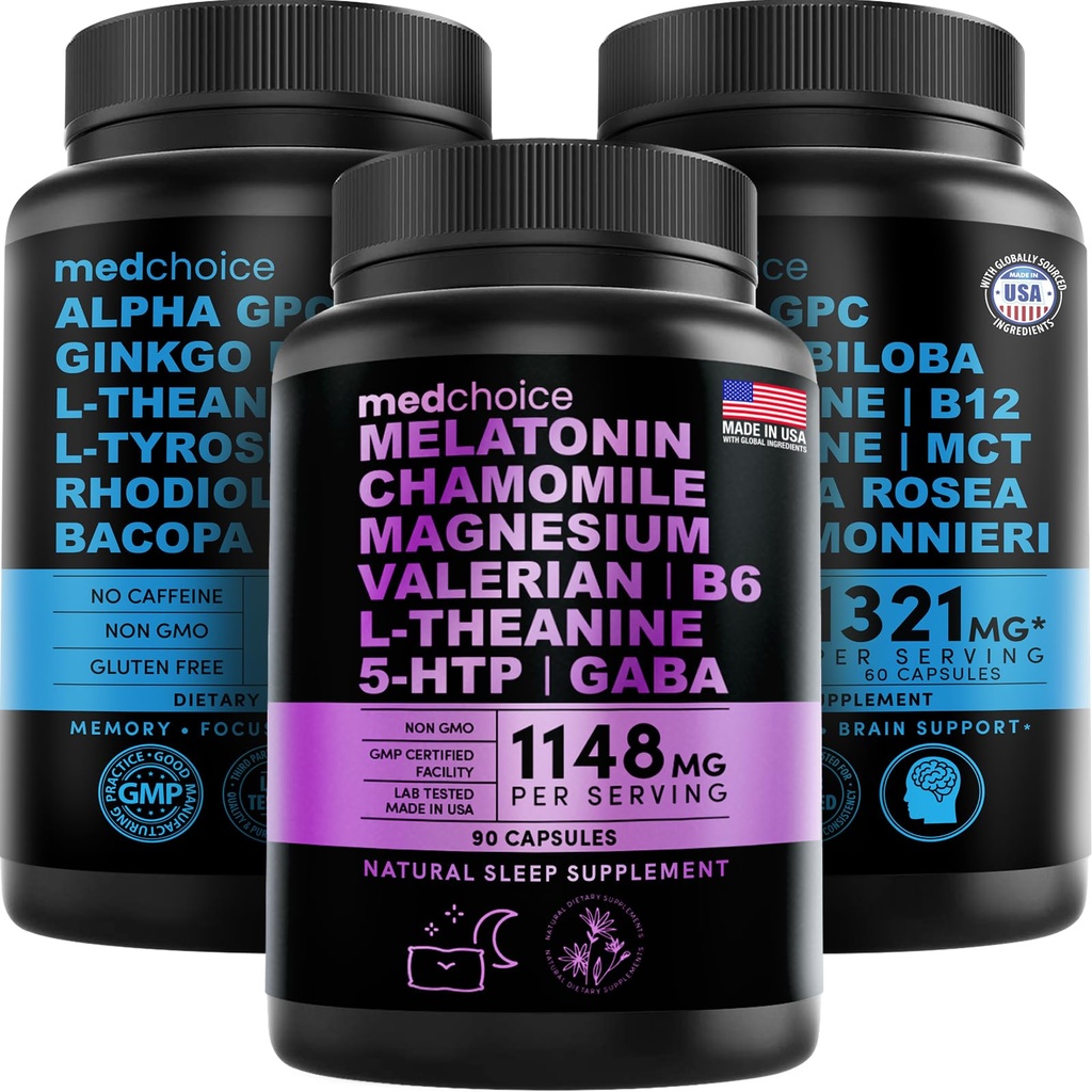 MEDCHOICE Sleep Melatoniini (90ct) ja nootrooppinen aivot (120ct) täydennysosa Bundle - Wellness Duo nukkua, aivot, Focus, & Mood Support - Vegan, ei-GMO, Gluteeniton