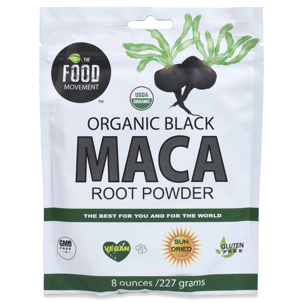 The Food Movement Co. Black Maca 8 oz Raw Food Powder - Organic, non-GMO, Vegan, Gluteeniton Maca juuri täydentää koko kehon hyvinvointi