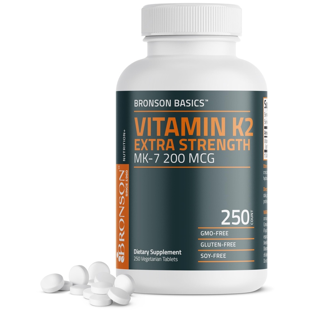 Bronson-vitamiini K2 MK-7 200 mikrog Extra vahvuus, 250 kasvissyöjätablettia