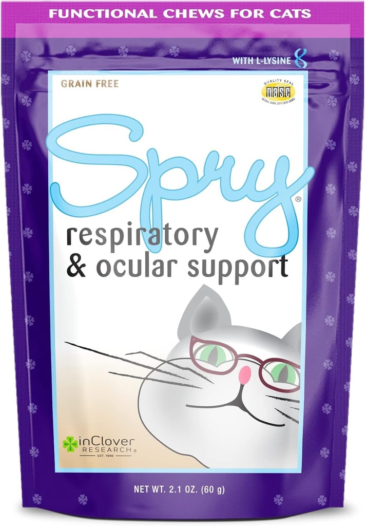 Clover Spry Daily Respiratory and Ocular Support Soft Chews for Cats, L-Lysine, Superfoods, ja Prebiootit varten vahva immuunijärjestelmä, 2.1 oz. (60 count)