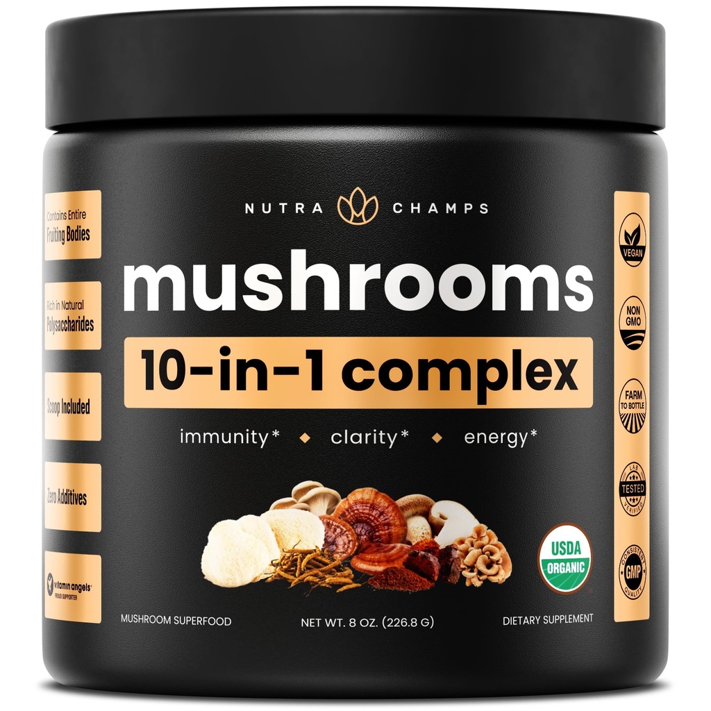 NutraChamps Organic Mushroom Powder - 10-i-1 Komplex - Mushroom Supplement Powder Blend för Memory, Focus & Immune Support - 8oz (8,0 OZ, Mushroom Blend)