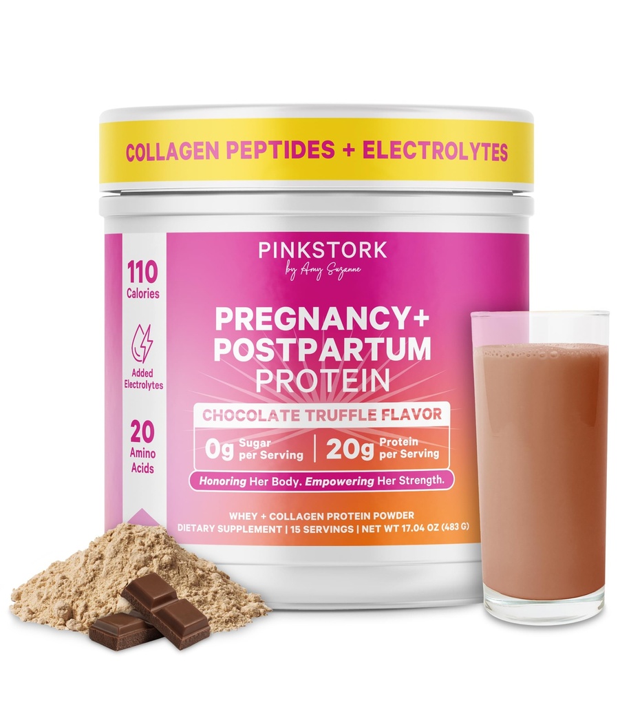 Vaaleanpunainen Stork Raskaus ja synnytyksen jälkeinen proteiinijauhe naisille, 20 g Heraa ja kollageenia, prenataali ja imetys Proteiini Shake Mix for Energy, Recovery & Hydration, suklaa, 15 tarjoilua