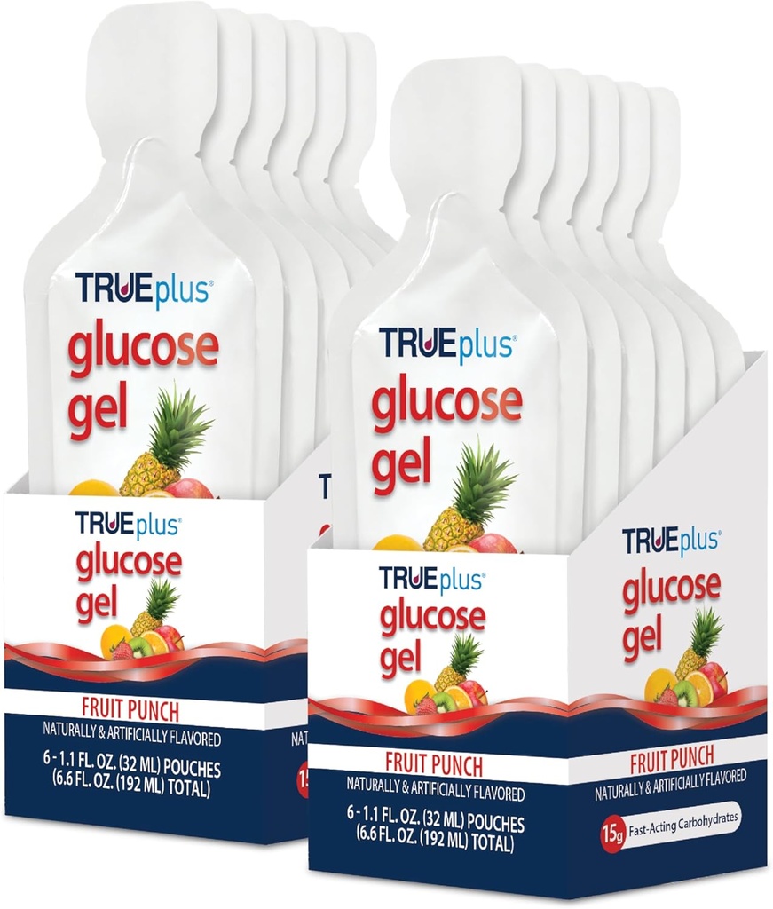 TRUEplus Glucone Gel Pouch, Fruit Punch Flavor, 15g Nopeasti toimivat hiilihydraatit, rasvaton, Gluteeniton, Nopea tuki alhainen verensokeri ja energia, 12 pakkaus