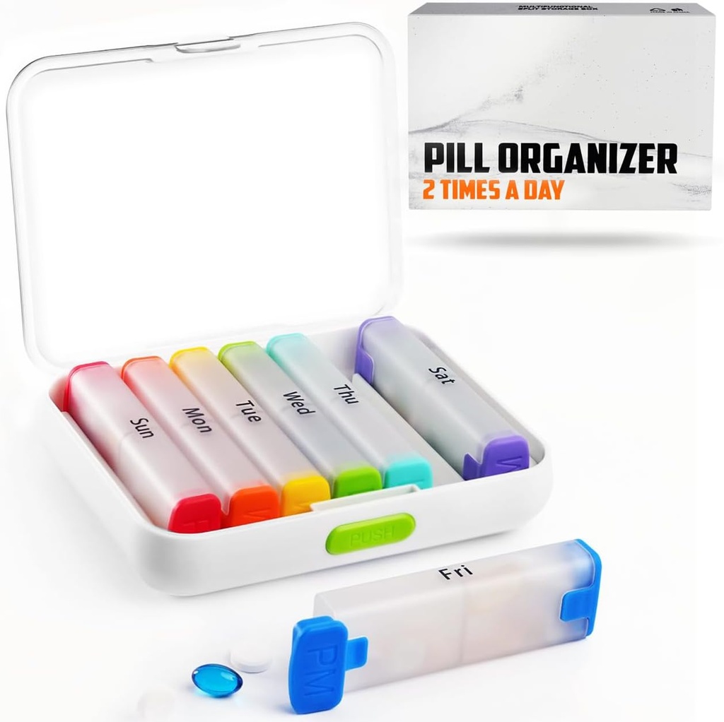 BEXEEN Viikoittain pilleri Organizer 2 Kertaa päivässä - Pill Box 7 Day Am Pm - Travel Medicine Organizer Kahdesti päivässä Vitamiinin haltija Kannettava täydennysosa Case Week Night Med Irrotettava säiliö