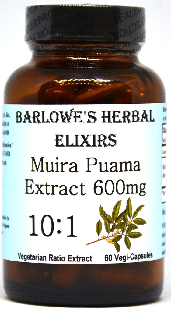 Barlowes Herbal Elixirs Muira Puama 10:1 Extract | 600mg Per Capsule | Traditionellt manligt Vitalitetstillägg | 60 Vegan Capsules | Stearate-Free, Non-GMO, Paketerad i Glasflaskor