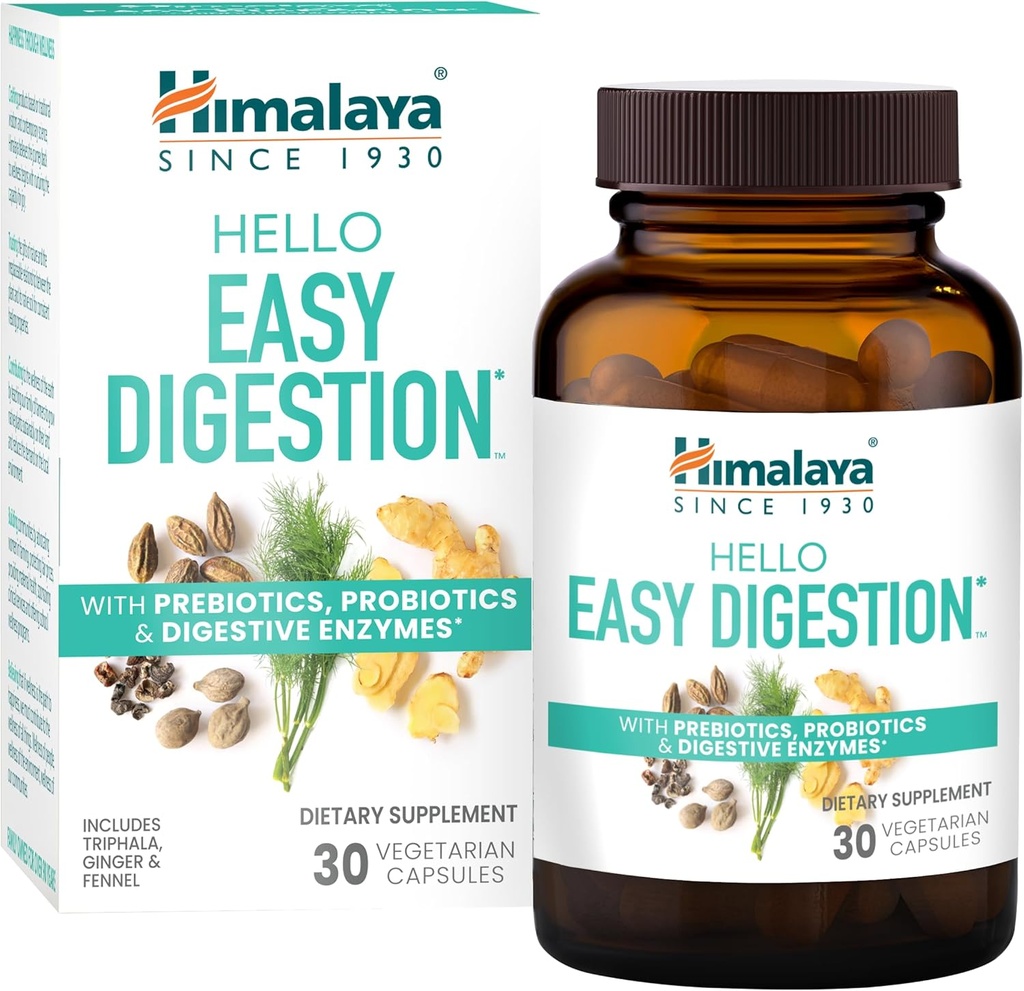 Himalaya Hello Easy Digestion, Digestive Enzymes med 2 miljarder CFU Probiotika och Prebiotika, Plus 100 mg Herbal Digestive Support med Ginger, Fennel & Triphala, 30 Vegetariska kapslar