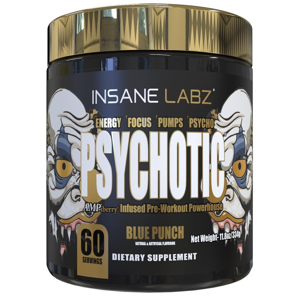 Insane Labz Psykotic Gold, High Stimulant Pre Treenout Powder, Extreme Lesting Energy Focus, Pumps ja Endurance Beta Alanine, DMAE Bitartrate, NO Booster (60 Servings, Blue Punch)