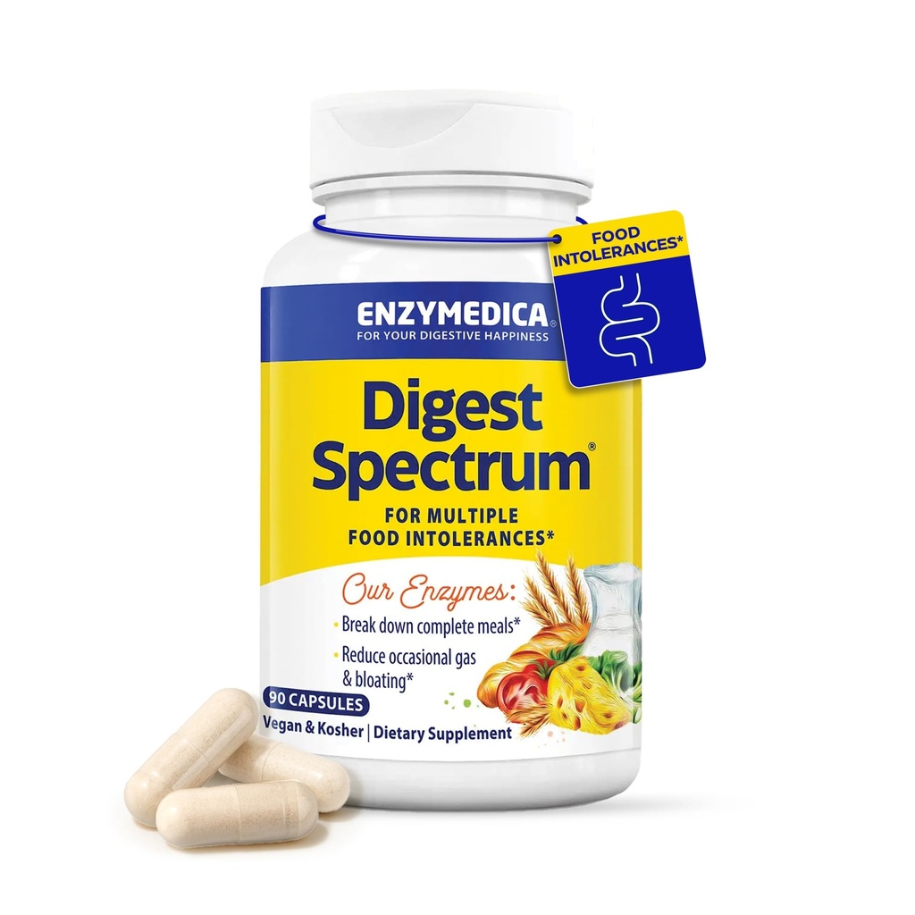 Enzymedica Digest Spectrum, Advanced Dgestive Enzymes for Women and Men, Tukee digestiota ja useita ruoka-intoleransseja, Nopea-Acting Formula for Gas and Bloating Relief, 90 kapselia