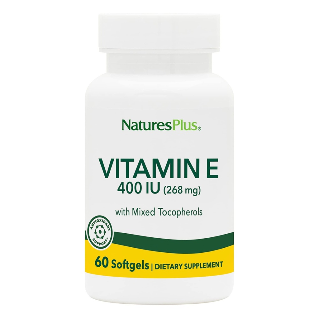 NaturesPlus-vitamiini E - 400 iu sekoitettu D-tokoferoli, 60 Softgels - Helppo niellä E-vitamiinin lisäravinteet, johdettu luonnon soijaöljystä - vapaa rotu puolustus - Gluteeniton - 60 tarjoilua